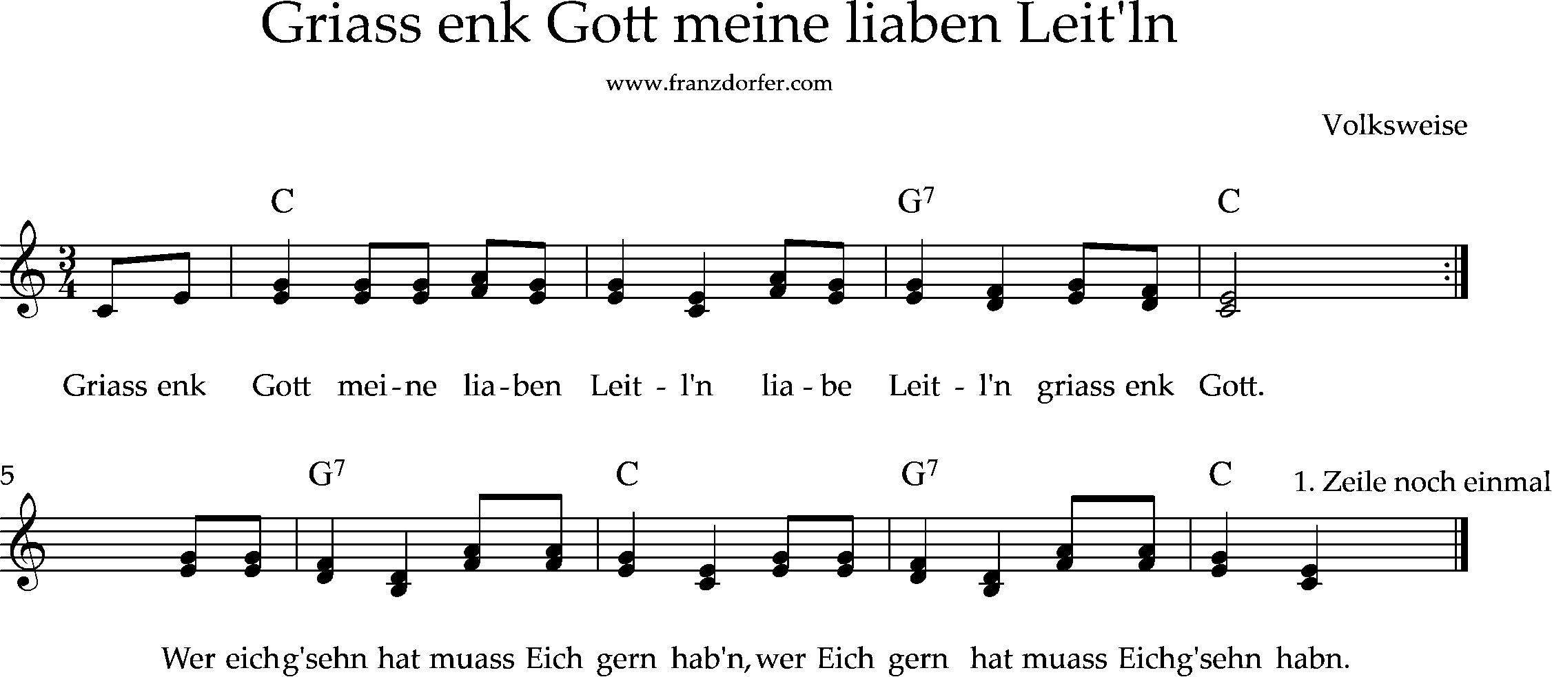 akkordeonnoten, C-Dur griass Euch Gott ihr lieben leitln